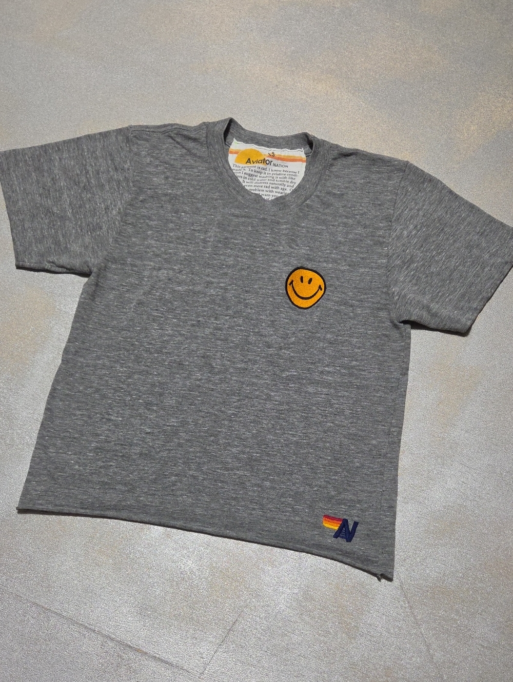 Aviator Nation Heather Gray Short Sleeve Tee with Yellow Smiley Patch
